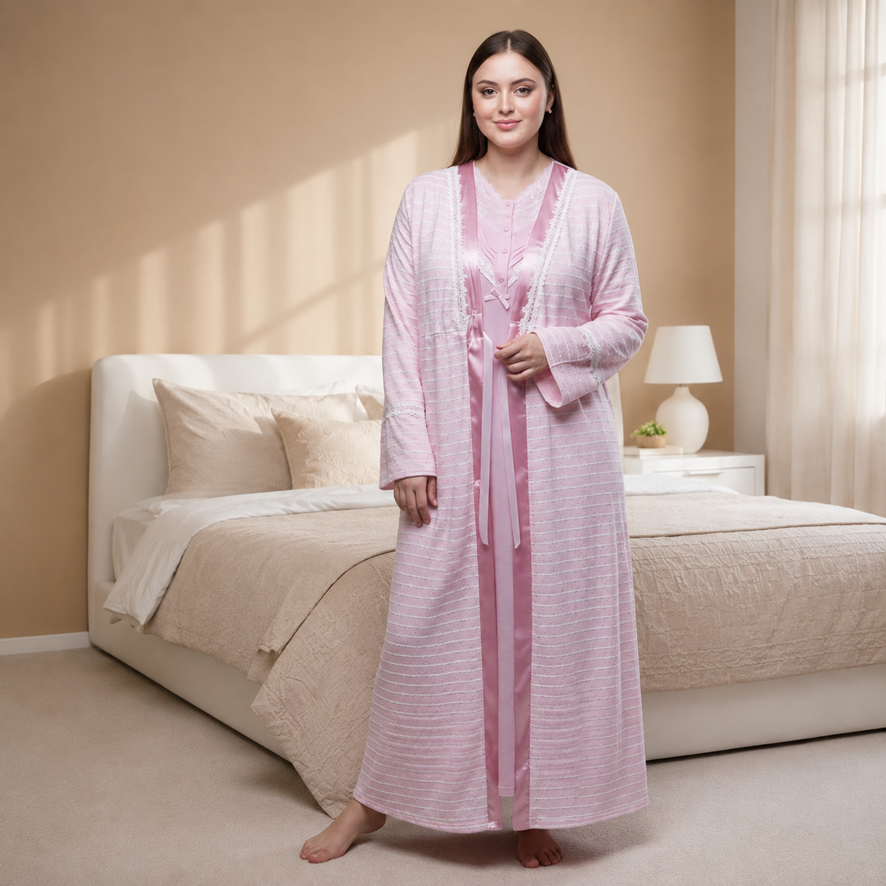 Ensemble de Nuit 2 Pièces Rosa – Peignoir Long & Dentelle