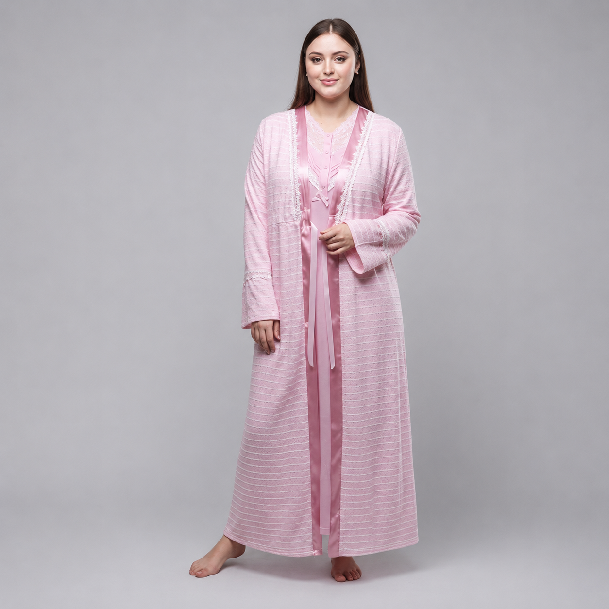 Ensemble de Nuit 2 Pièces Rosa – Peignoir Long & Dentelle